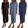Женское повседневное джинсовое платье-рубашка с длинным рукавом и пуговицами, длинное джинсовое платье с отворотом