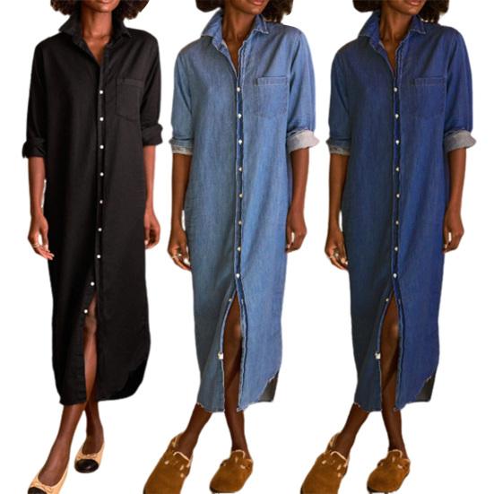 Женское повседневное джинсовое платье-рубашка с длинным рукавом и пуговицами, длинное джинсовое платье с отворотом