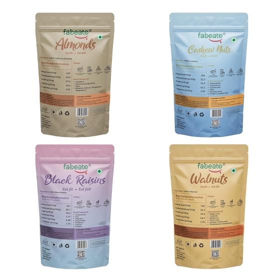 Fabeato Premium Сухофрукты и орехи Комбо (4 х 200 г) Миндаль, кешью, ядра грецкого ореха, черный изюм без косточек, 800 грамм