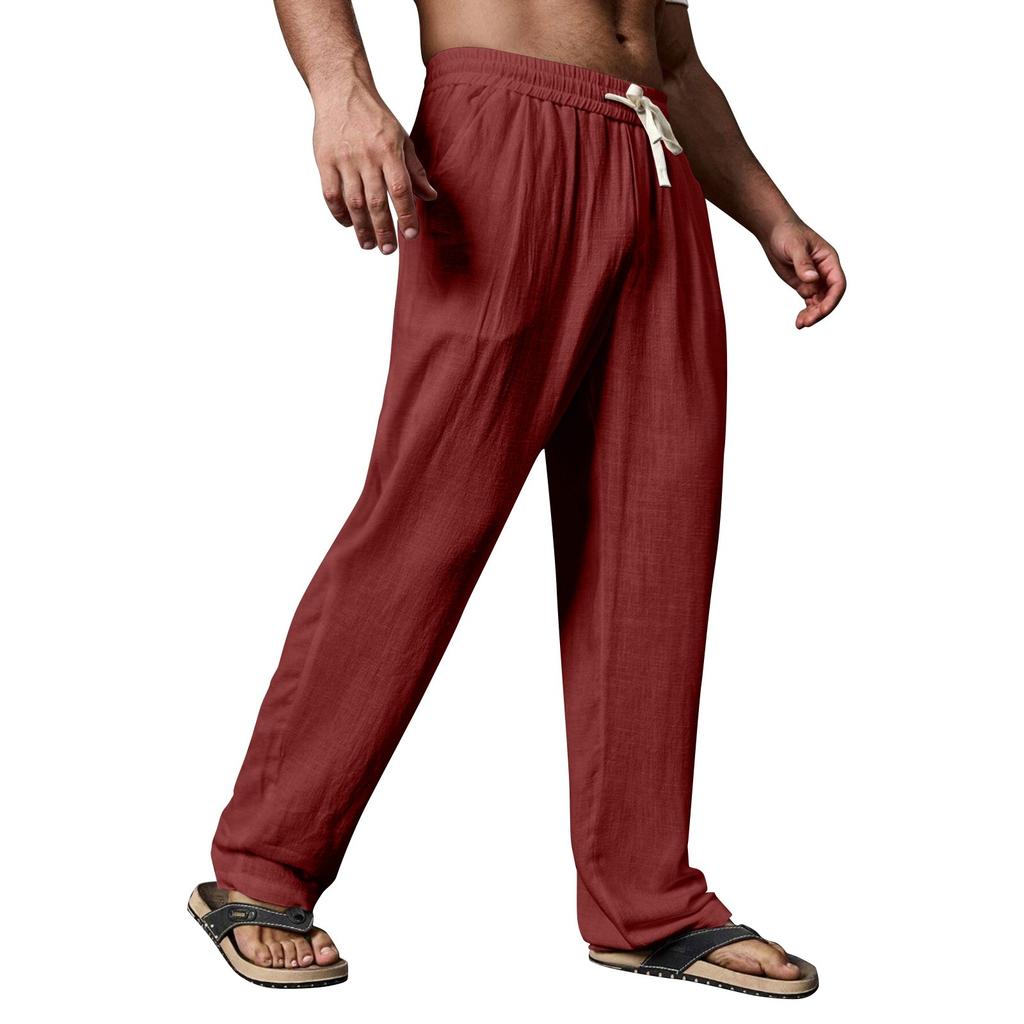 Мужские летние повседневные брюки на шнурке Мужские дышащие брюки из хлопка и льна