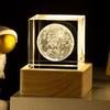 3D Хрустальная Лунная Лампа с USB LED Подсветкой и Деревянной Подставкой | Теплый Белый Хрустальный Кубик Ночник для Спальни, Домашний Декор