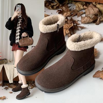 Модные женские зимние ботинки с круглым носком, сохраняющие тепло, с боковой молнией, на низком каблуке, женская обувь из замши, однотонные, для отдыха на открытом воздухе, универсальные 2024