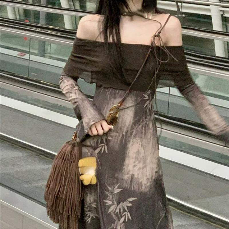 Элегантные повседневные женские винтажные платья с буквами, платье в стиле гранж с вырезом и длинными рукавами, модное милое платье с открытыми плечами Y2k Vestido De Mujer