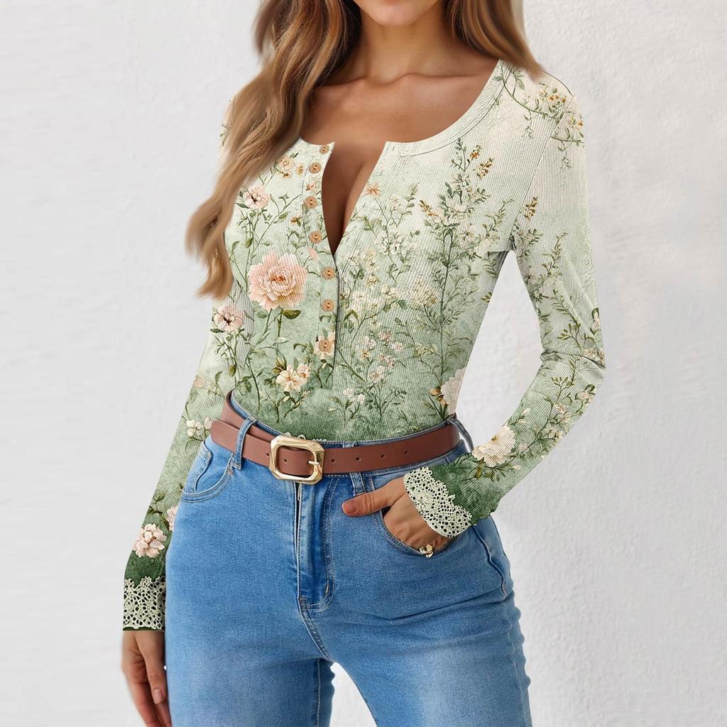 Women's Slim Bottom T-shirt Fashion Casual Gradient Printing Round Neck Pullover Long Sleeve Top