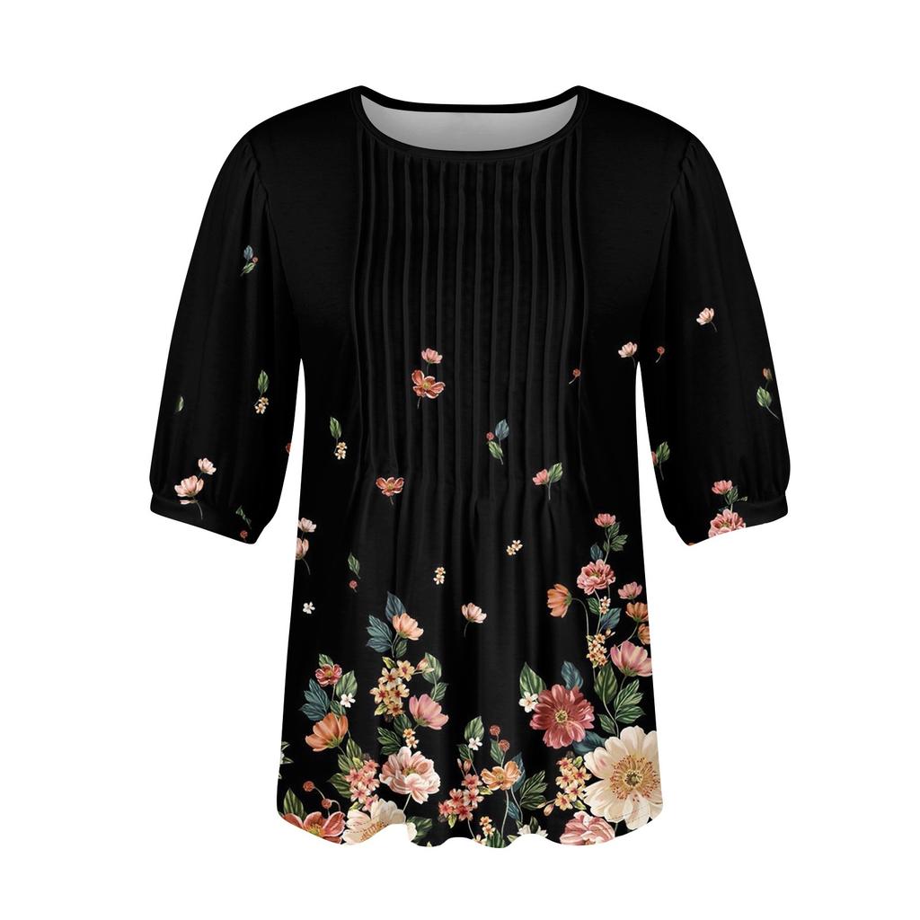 Женские пышные туники с короткими рукавами, топы, плиссированные блузки с воротником, повседневные свободные весенне-летние футболки