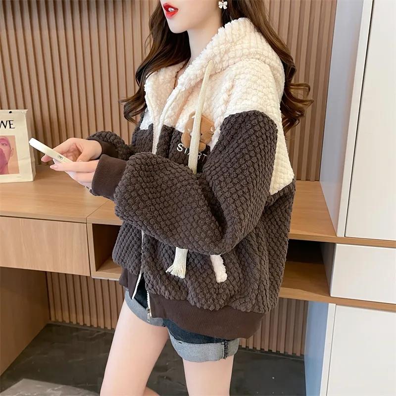 Новая двухцветная зимняя куртка оверсайз на молнии с флисовой подкладкой, утолщенный двойной флис, женский топ