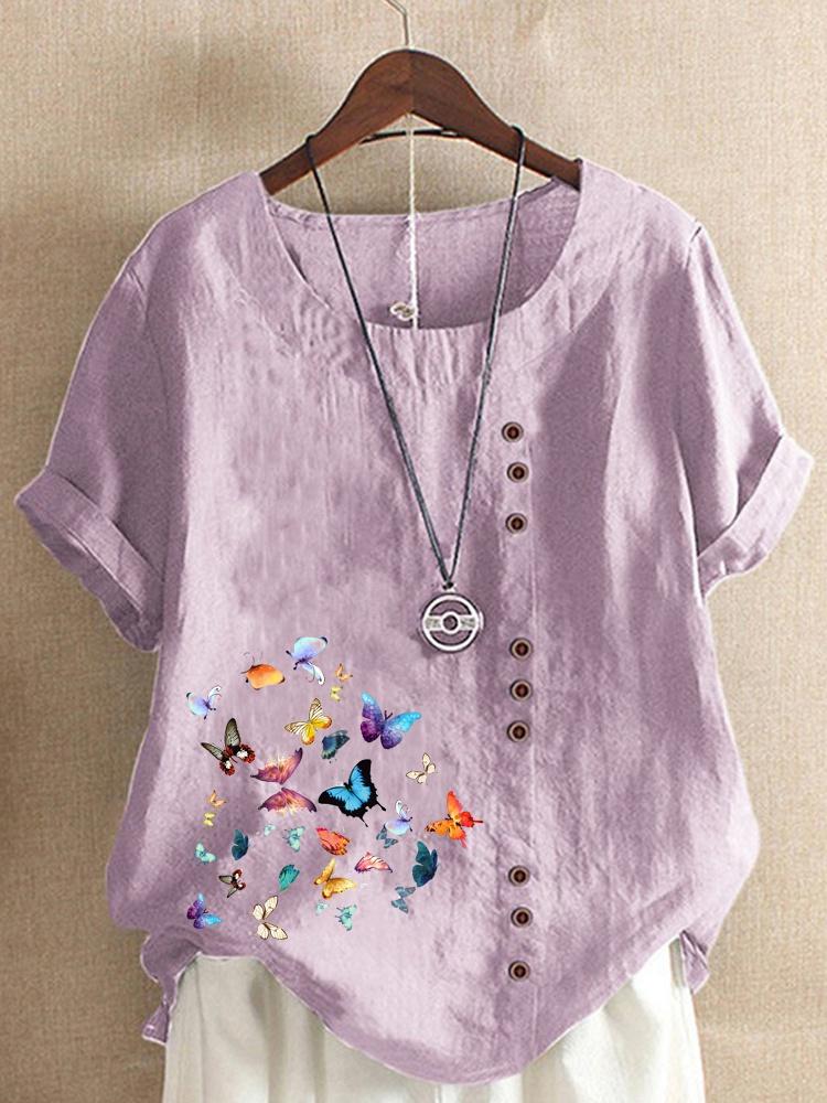 Женские топы с короткими рукавами и круглым вырезом с принтом бабочек, свободная хлопковая рубашка, повседневная блузка XS-5XL