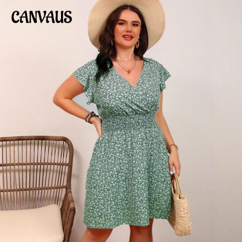 Плюс Размер Женская мода Новое Короткий рукав V-образный вырез Талия Цветочное платье