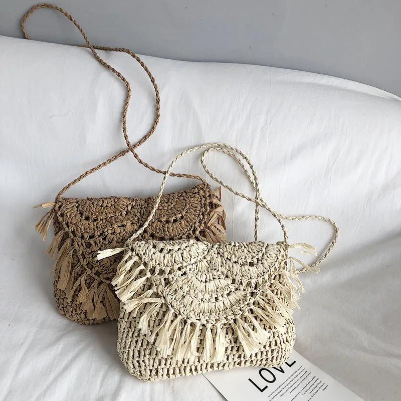 Tassel Straw Bag For Women Bohemian Beach Bag Woven Small Crossbody Bag Summer Hollow Shoulder Bag Lady Handbag Purse