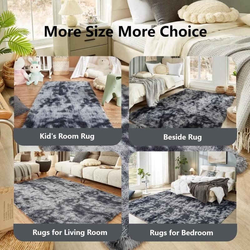 Grey Tie-Dye Shaggy Fluffy Rugs Ultra Soft Non-Slip Plush Carpets Bedroom Living Room Kids Room Large Size Home Decor Floor Mats