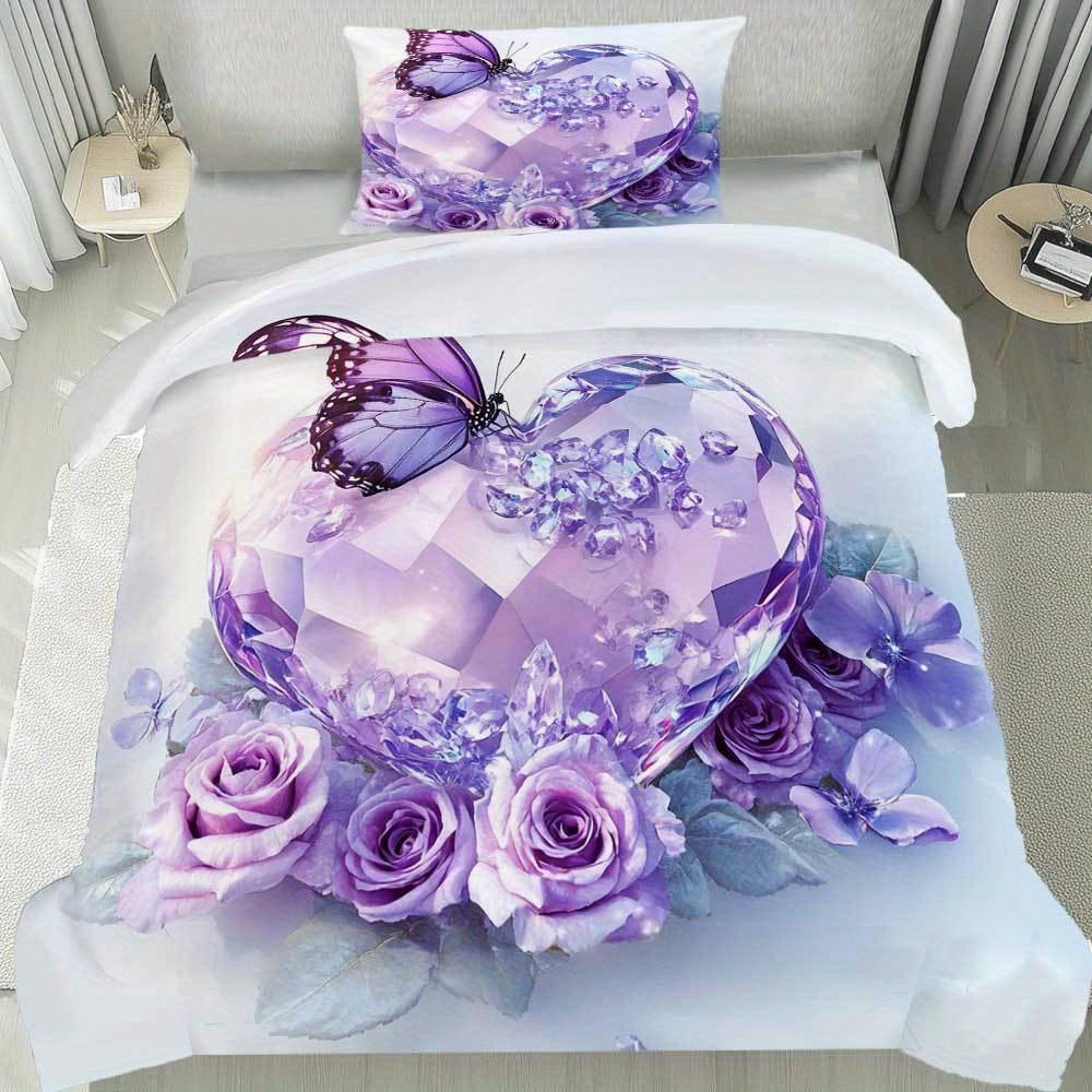 3pcs Purple Bedding Set Diamond Heart Rose Butterfly 3D Print Cozy Duvet Cover King Queen Twin Size Birthday Gift Bedroom Decor