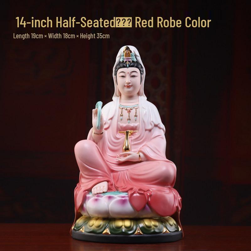 Red Robe Ceramic Guanyin Ornament – Home Worship Bodhisattva Statue for Living Room Decor