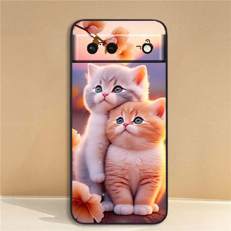Милая мультяшная кошка Иллюстрация Чехол для телефона Для Google Pixel 10 9a 9 8A 8 7 7A 6 6A Pro XL 2024 5G Черный Мягкий ТПУ Силикон