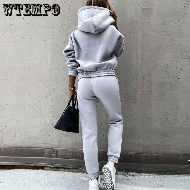 Женский костюм из 2 предметов, длинный рукав, спортивный костюм, свитер, осенне-зимний комплект из свитера с капюшоном, повседневный комплект из двух предметов