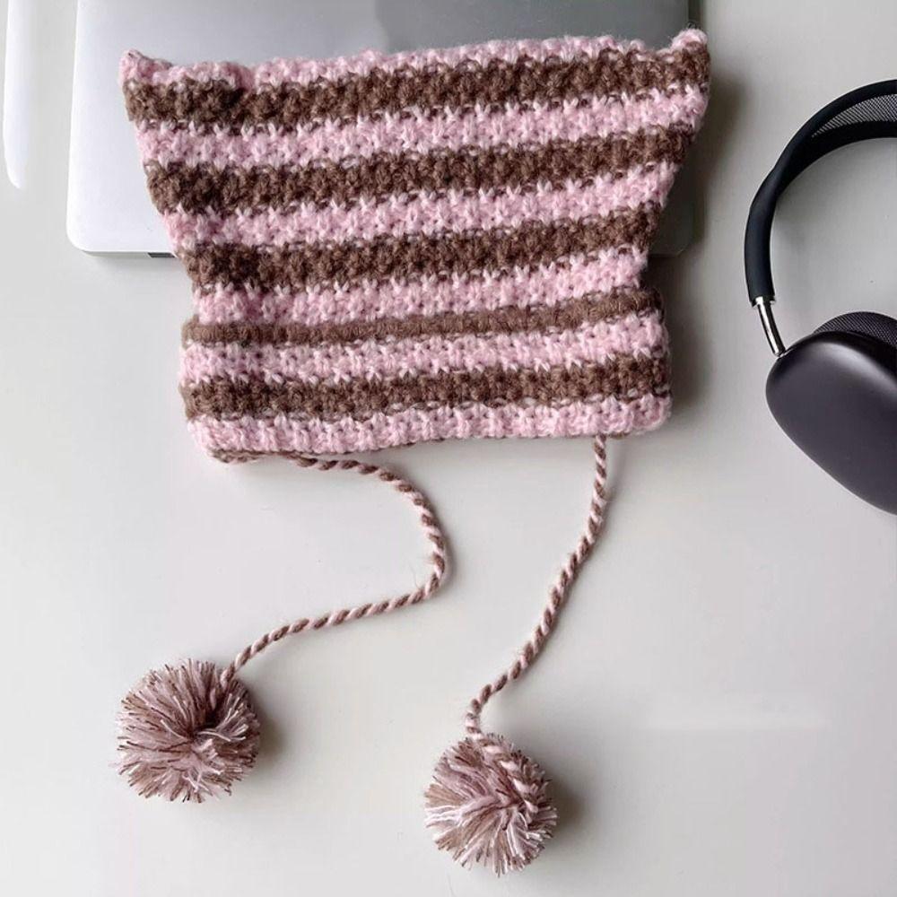 Шерстяная вязаная полосатая шапка-бини с милыми кошачьими ушками, остроконечная шапка-пуловер, вязаные шерстяные шапки, женская