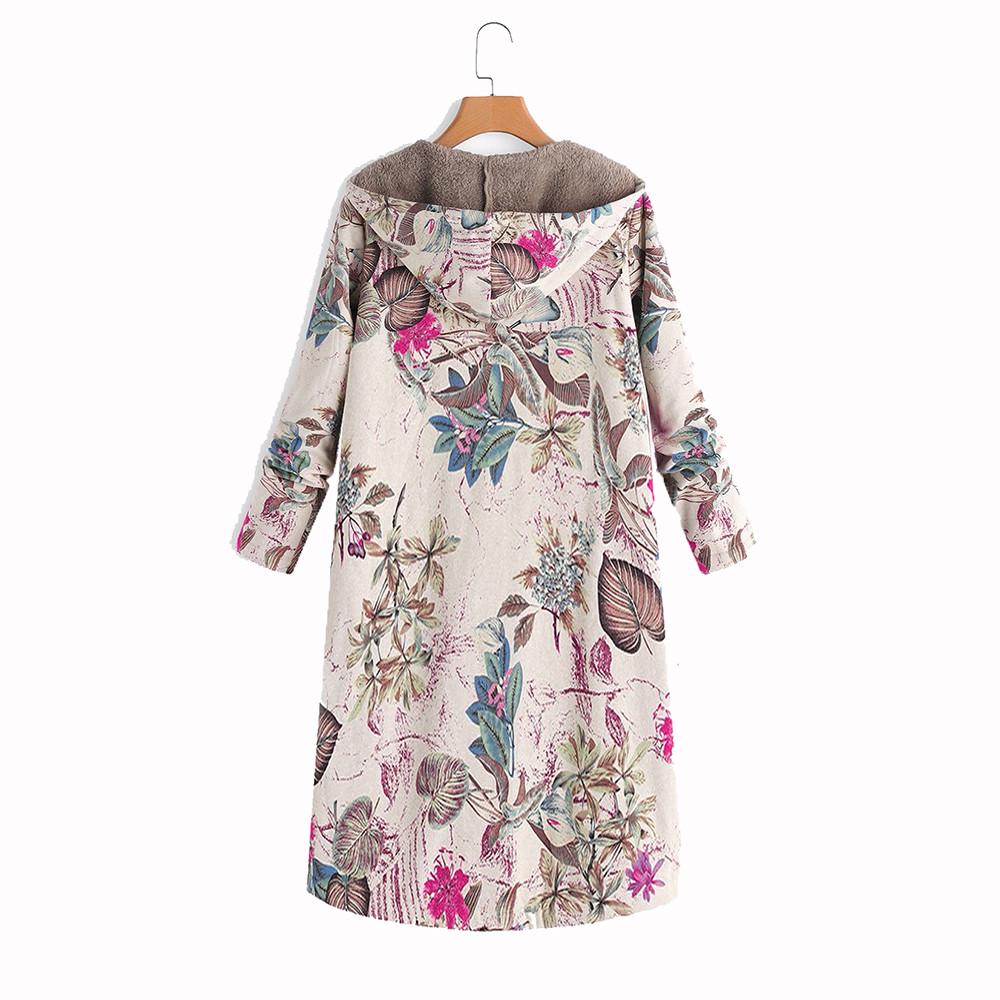 Womens Winter Warm Outwear Floral Print Hooded Pockets Vintage Oversize Coats