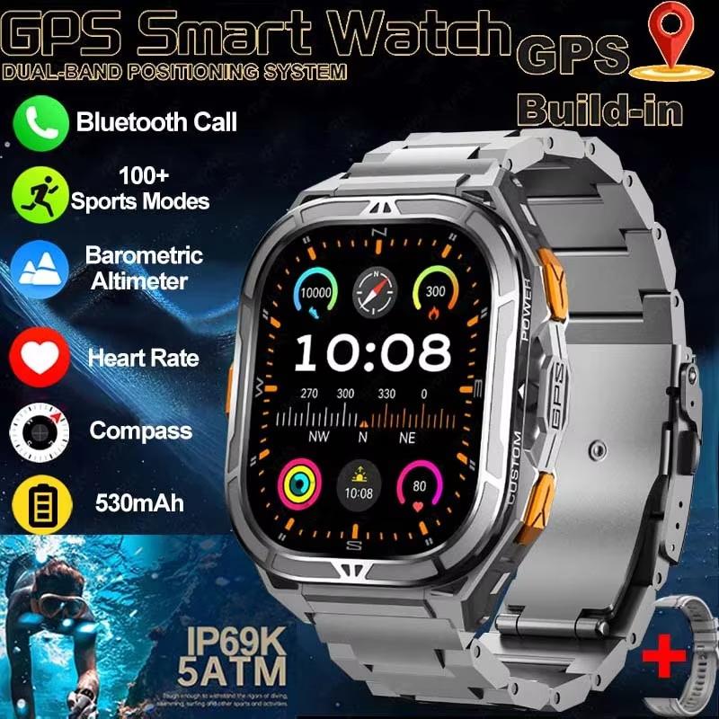 Новые умные часы с GPS-треком для мужчин, водонепроницаемость 5ATM, 1,96-дюймовый Always-On дисплей, компас, пульсометр, аккумулятор 530 мАч, BT-звонки, умные часы
