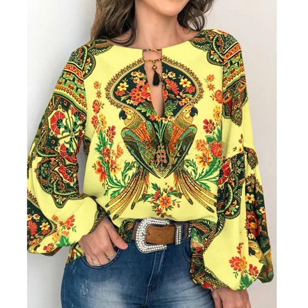 Women Bohemian Clothing Shirt Vintage Floral Print Tops Ladies Blouses Balloon Sleeve Shirt