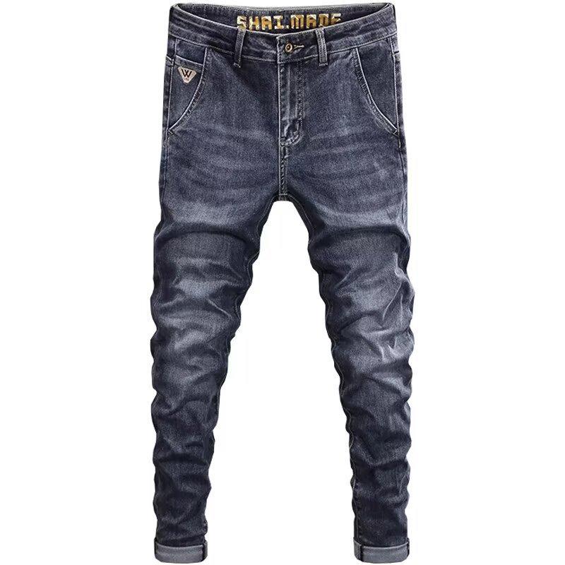 Мужские джинсы облегающего кроя в корейском стиле темно-синего цвета - Модные, Универсальные, Эластичные для весны/лета.
