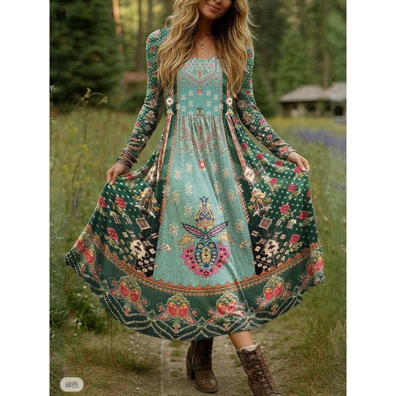 DAFIFY Женская мода весна осень цветочный узор принт длинный рукав U-образный вырез высокая талия повседневные платья