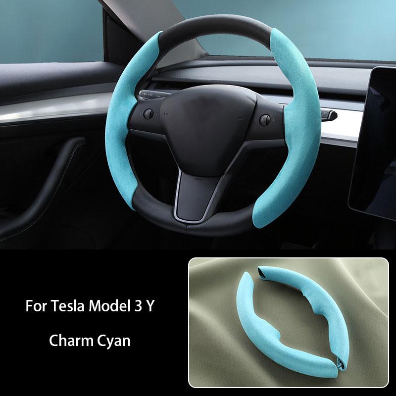For Tesla Model 3 Model Y 2017-2023 Suede Steering Wheel Cover Carbon Fiber Nonslip Ferrule Interior Decoration