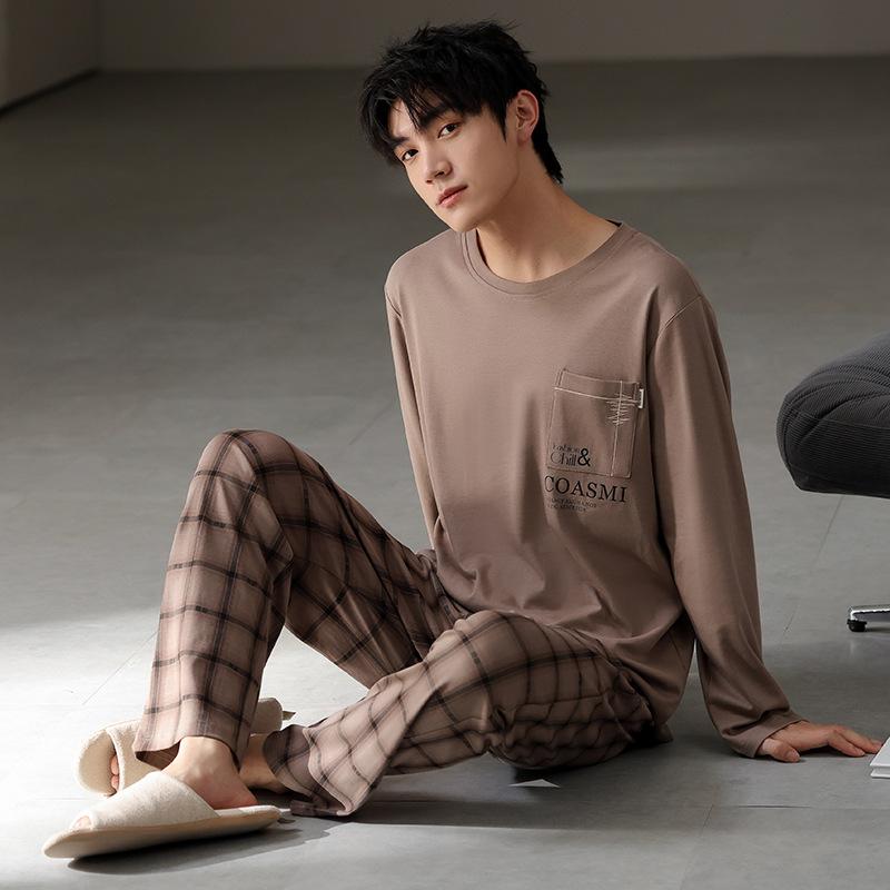 Тип Пижамный костюм из чистого хлопка на осень-зиму для мужчин с длинными рукавами из хлопка, комплект домашней одежды для мужчин, мягкая домашняя одежда для мужчин