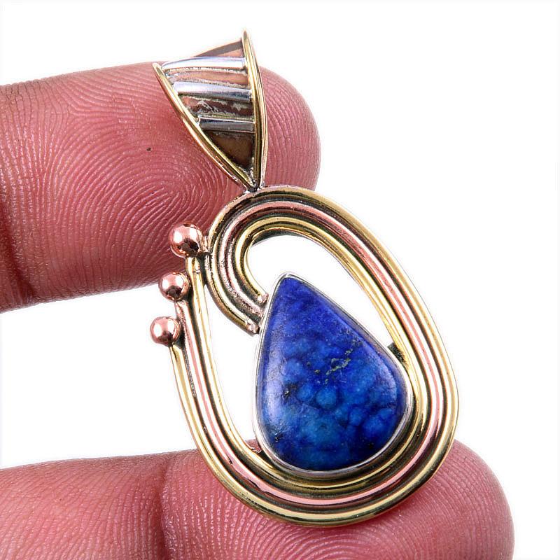 Natural Lapis Lazuli 925 Solid Sterling Silver TwoTone Gift Pendant 1.50" v9a01
