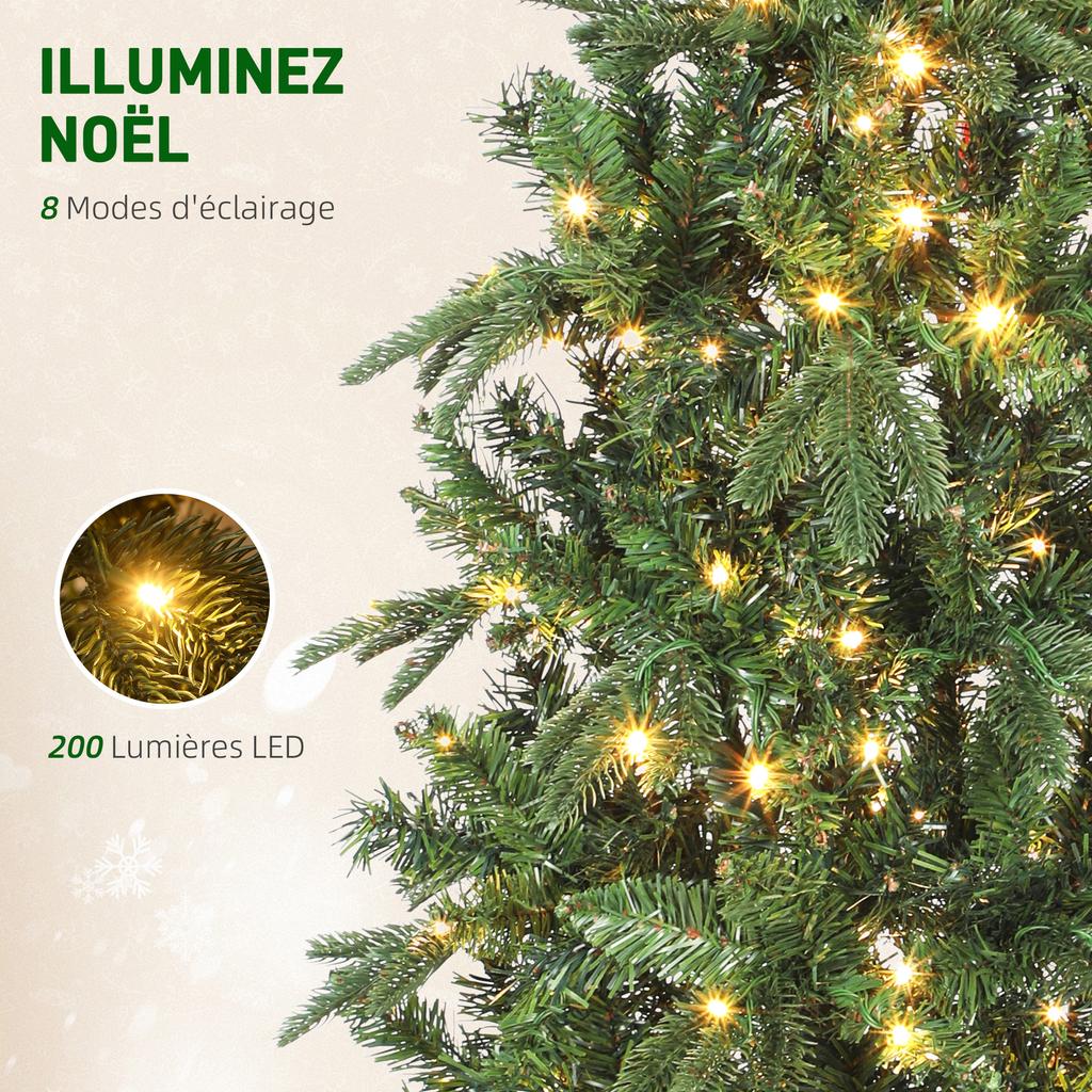 Artificial Christmas tree 180 cm, slim Christmas tree with 200 lights, 8 lighting modes, 605 articulated branches, green