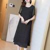 Feel Slippery Summer Black Loose Chiffon Short Sleeve Round Neck Loose Wave Point Dots Mid-length Skirt