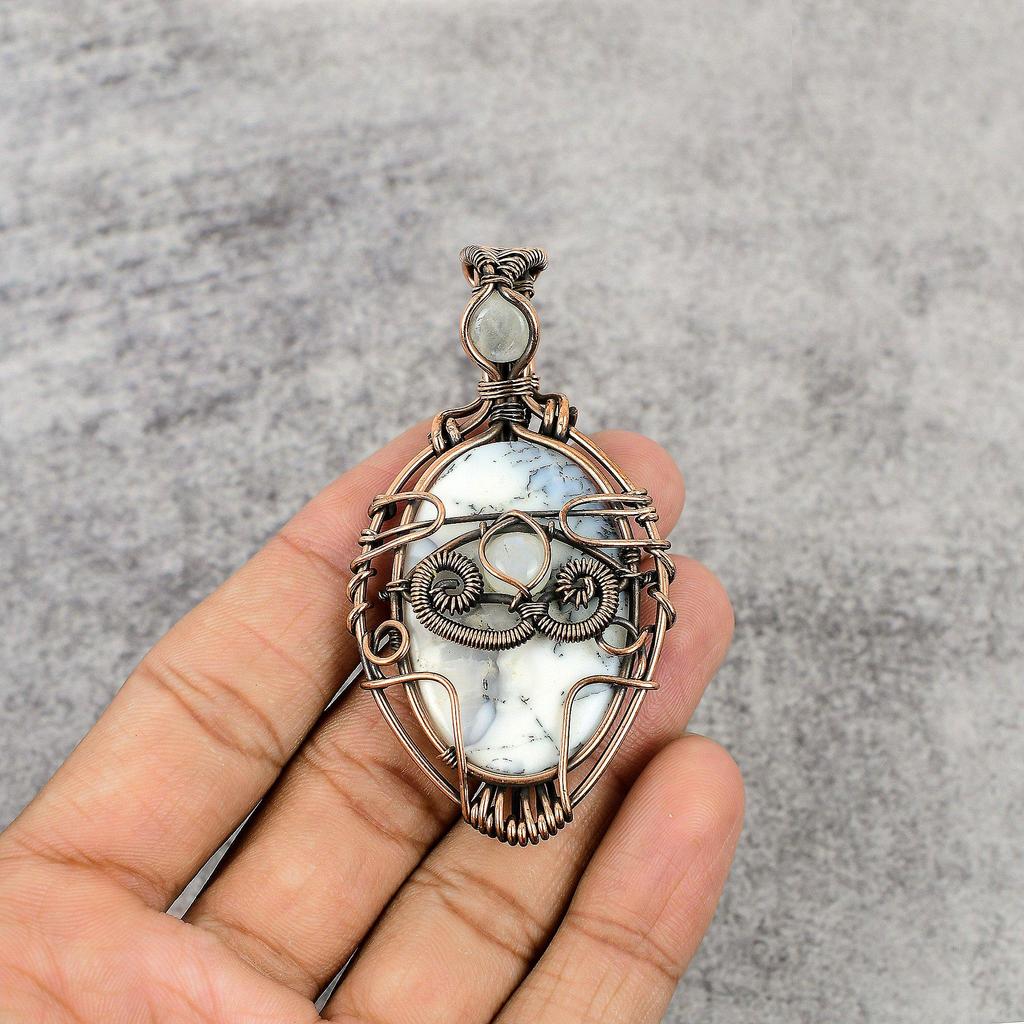 Кулон из дендритового опала и радужного лунного камня, обернутый медной проволокой 999 пробы, кулон ручной работы с драгоценным камнем, подарок на день рождения