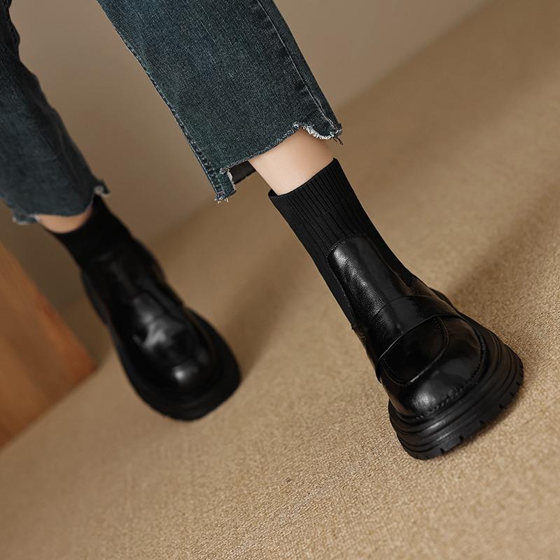 Зимние теплые сапоги 2024 года, женские сапоги на толстой подошве, высокие сапоги из телячьей кожи с толстым каблуком, модная женская обувь, слипоны, абсолютно новые, готические