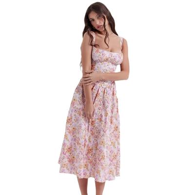 Летняя женская одежда Европейский и американский стиль Подтяжки Короткий рукав Обхват груди Платье с мелким цветочным принтом Платье-футляр Длинное платье