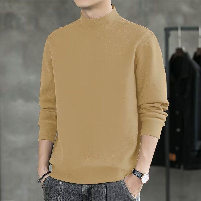 Autumn Winter Fleece Hoodie for Men Loose T-shirt with Long Sleeves and Half-high Collar, Warm Basic Shirt for Men