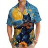 Summer Fashion Cat Playing Violin In Sunflower Field Oil Painting Print Men's Short Sleeve Shirt Music Festival Oversized Tops