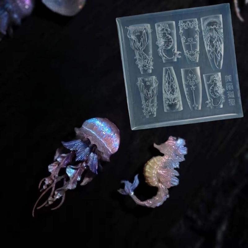 3D Silicone Nail Mold Sea Shell Starfish Fishtail Jellyfish Conch Transparent Nail Art Carving Template DIY Accessories