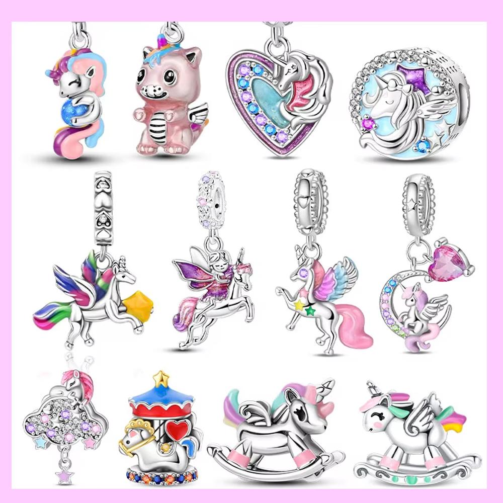 Изысканные Шармы Бусины Розового Цвета Медь Милая Девочка Страна Чудес Единорог Цвет Сердце Форма Подвеска Подходит Браслету-Бэнглу Ювелирные Изделия
