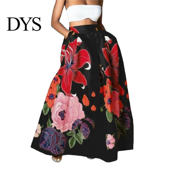 Юбка женская с высокой талией макси эластичная с широким подолом длинная дышащая с карманами цветочный принт вечеринки свадьбы
