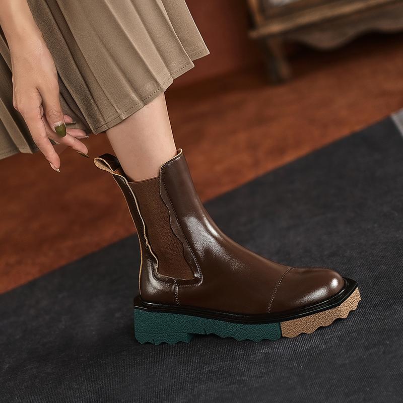 Mature Concise Women Ankle Boots Basic Genuine Leather Platforms Thick Heels Round Toe Casual Working Shoes Woman 2024 Autumn