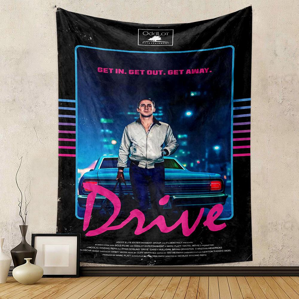 Neon-lit urban backdrop with retro typography and a lone central figure. Patterned tapestry for bedroom and living room home decor