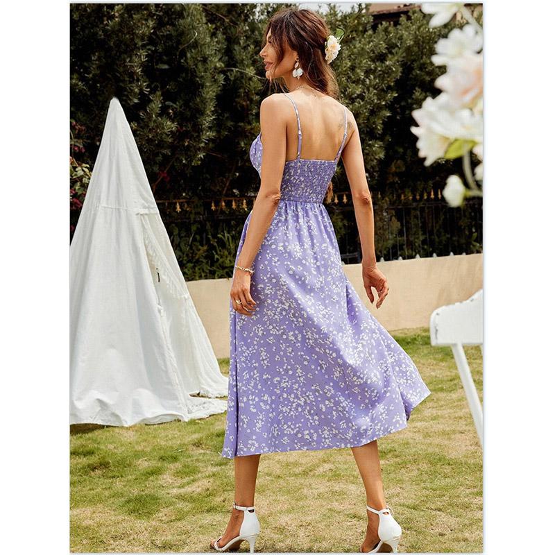 Летние женские платья для отдыха Slim Fit без рукавов с высокой талией, длинное платье А-силуэта с цветочным принтом и разрезом
