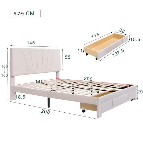 140x200cm Velvet Fabric Solid Wood Bed with Backrest Large Drawer Ergonomic Design Strong Wood Slat Support Bed Home Furniture