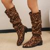 Lucyever Leopard Print Pleated Long Boots Women Slip On Thick Heels Knee High Boots Woman Plus Size Pointed Toe Botas Mujer 43