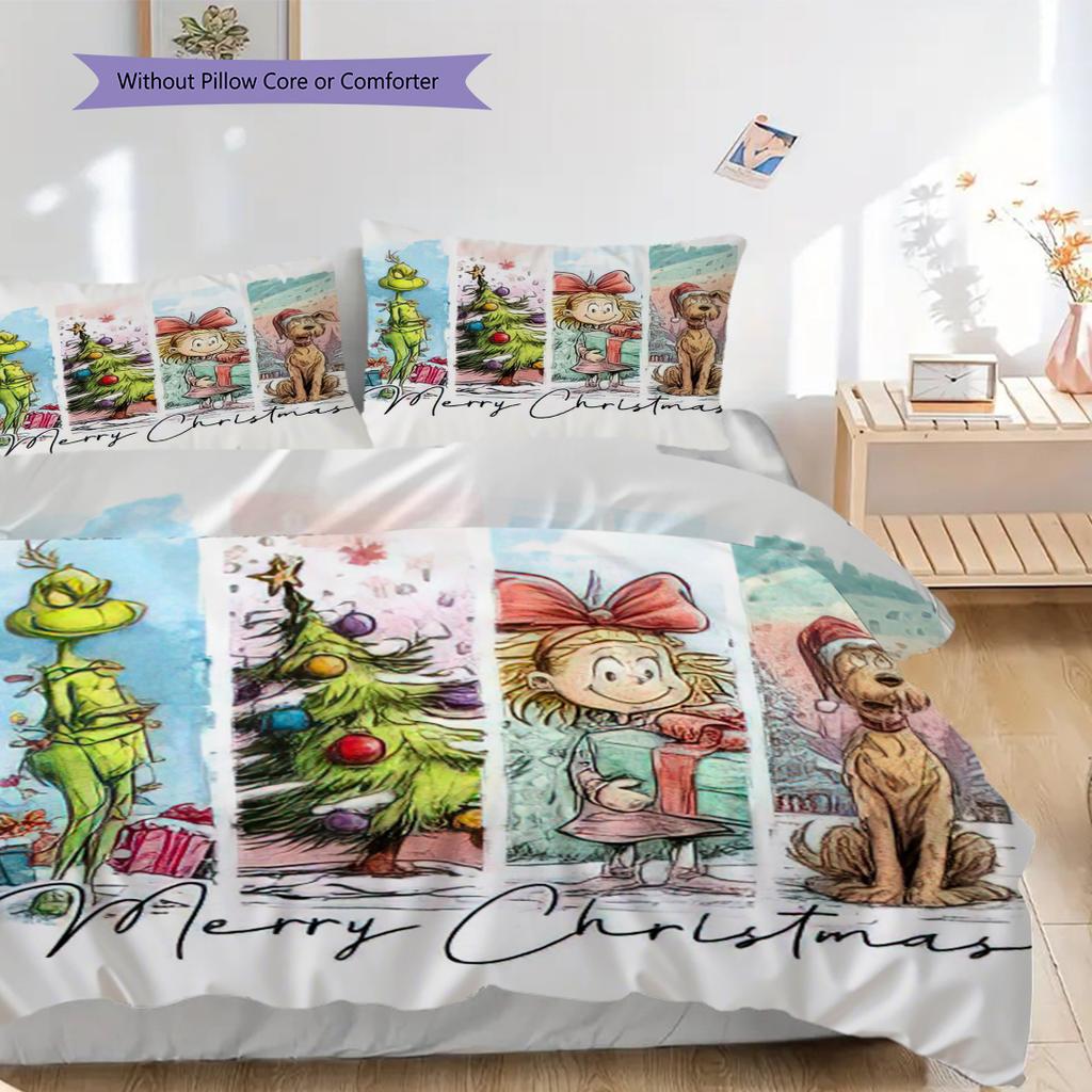 1PC Grinch pattern Bedding Quilt Set Quilt Cover Pillowcase Home Decoration Birthday Gift (1 * duvet cover + 2 * pillowcase, without core)