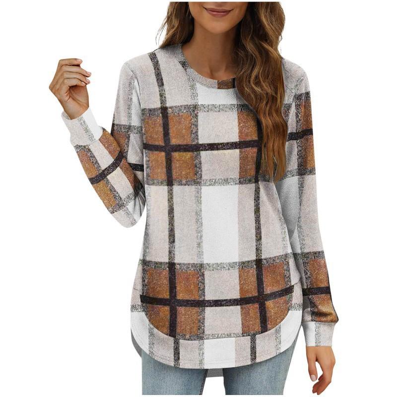 2026 Women's Casual Loose Plaid Long Sleeves Round Neck Irregular Bottled Shirt Top