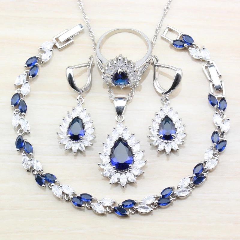 Blue Jewelry with Gem Set Pendant Earrings Necklace and Ring Lady Set