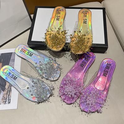 Модные ПВХ Прозрачные Жемчужные Сандалии Женские Летние Кружевные Фиолетовые Серебристые Мюли Шлепанцы Женские Блестящие Цветочные Уличные Тапочки