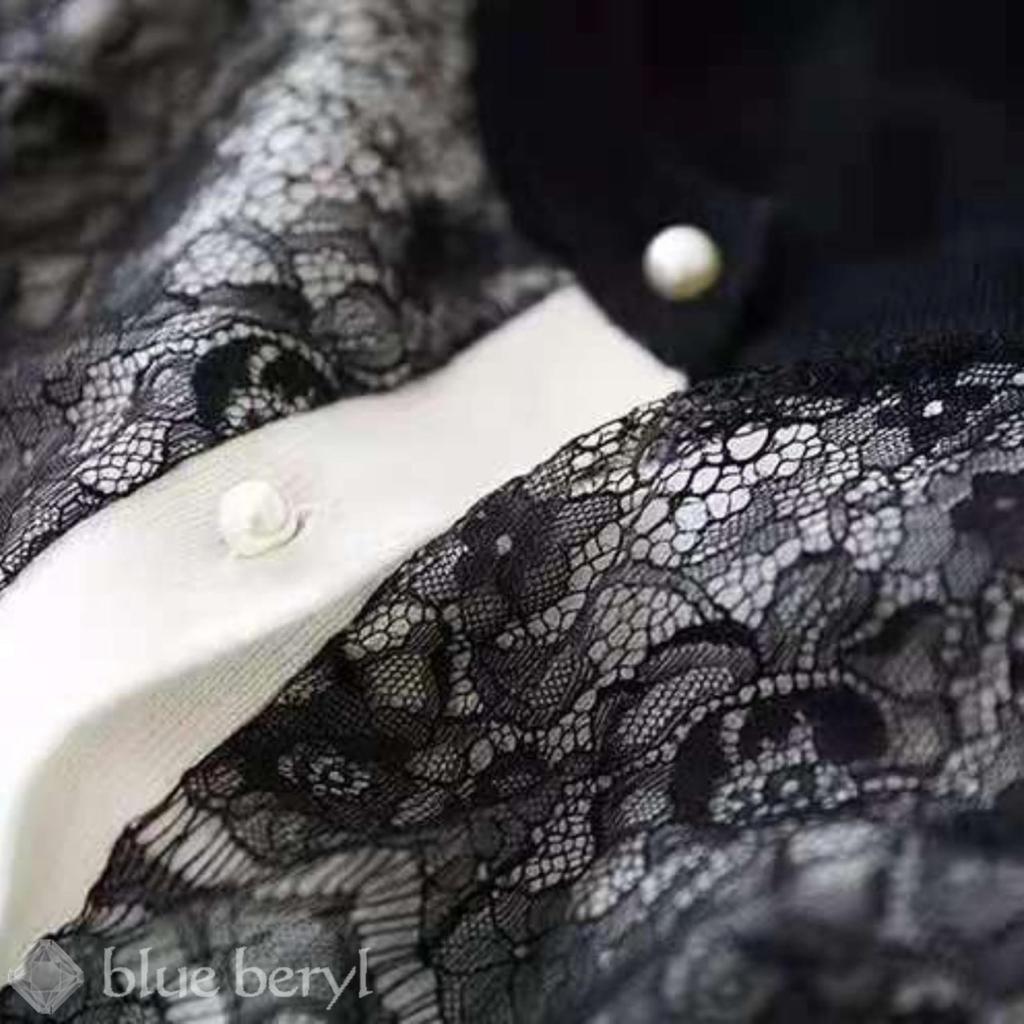 Вязаный Кружевной Жемчужный Длинный Круглый [Голубой Берилл] [Ограниченный Запас] [Голубой Берилл] Женский Кардиган, Перед, Пуговицы, Рукава, Горловина, Отделка, Черный, BB022-BK-S