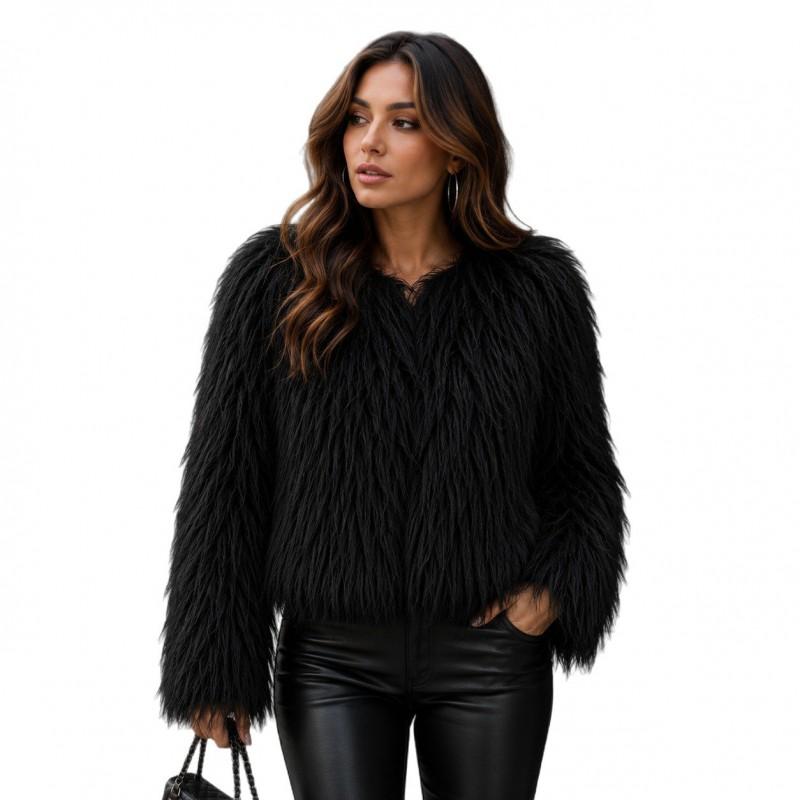 Womens Winter Faux Fur Jacket Loose Short Round Neck Long Sleeve Coat Multiple Colors