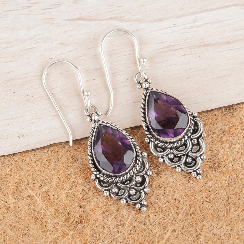 Natural Amethyst Gemstone 925 Sterling Silver Jewelry Handcrafted Earrings 1.9" EE-85-2