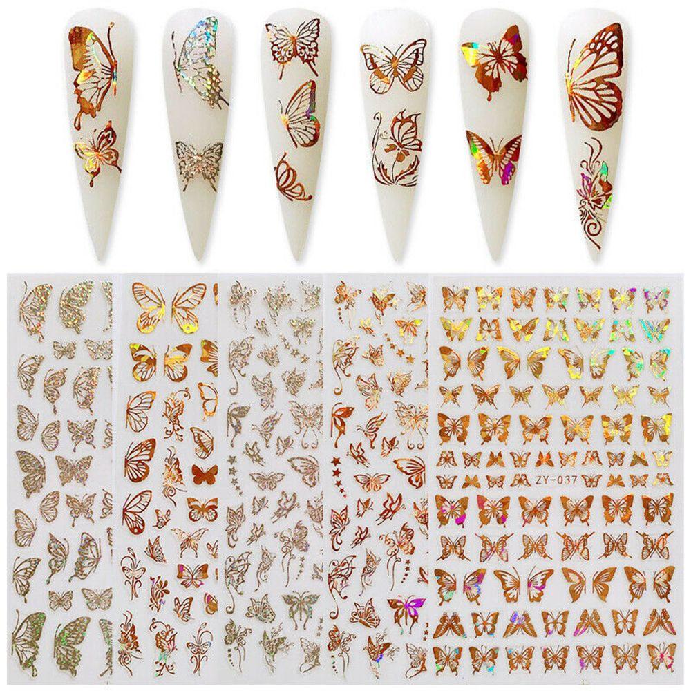 Hot Nail Decals Gold Silver DIY Nail Stickers 3D Butterfly Adhesive Holographic